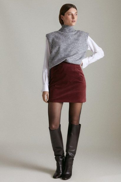 Shirt, High Neck Sweater Vests with Short Velvet Skirts