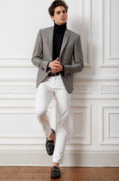 Turtlenecks with Vest, White Trousers, and Leather Loafers