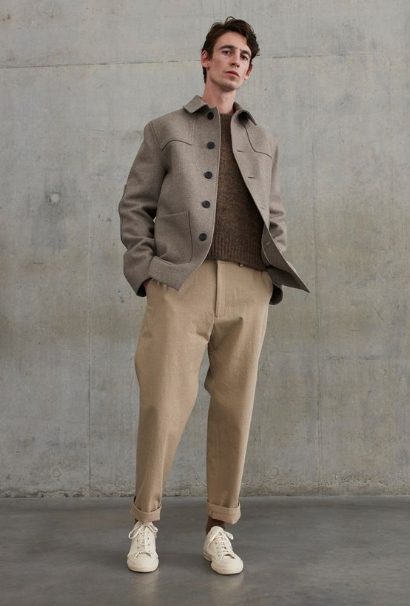 Sweater with Felt Jacket, Chinos Pants, and Sneakers