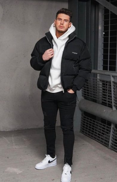 Hoodie with Down Jackets, Black Jeans, and Sneakers