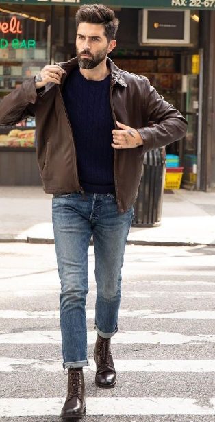 Sweater, Brown Leather Jackets with Jeans and Boots