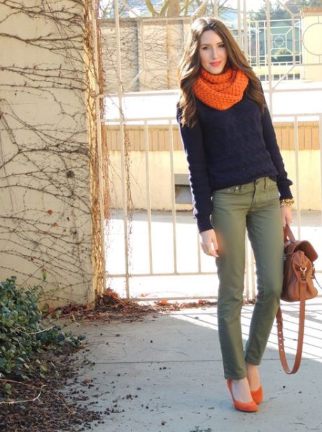 Olive Green Trousers, Orange Scarf, And Sweater