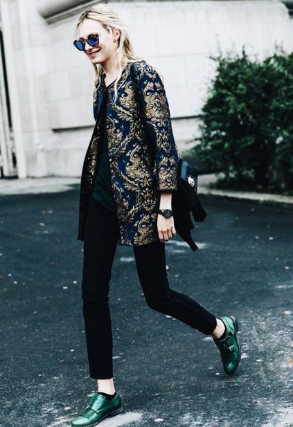 Oxford Shoes And A Brocade Evening Jacket Over Skinny Black Jeans 