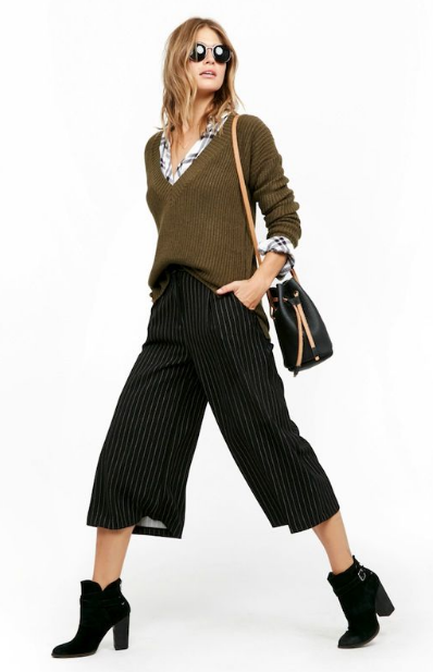Sweater Over Shirts And Striped Culottes