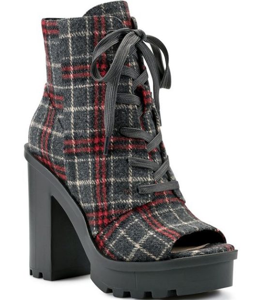 Jessica Simpson Lizzah Plaid Flannel Peep Toe Platform Block Heel Lug Sole Booties