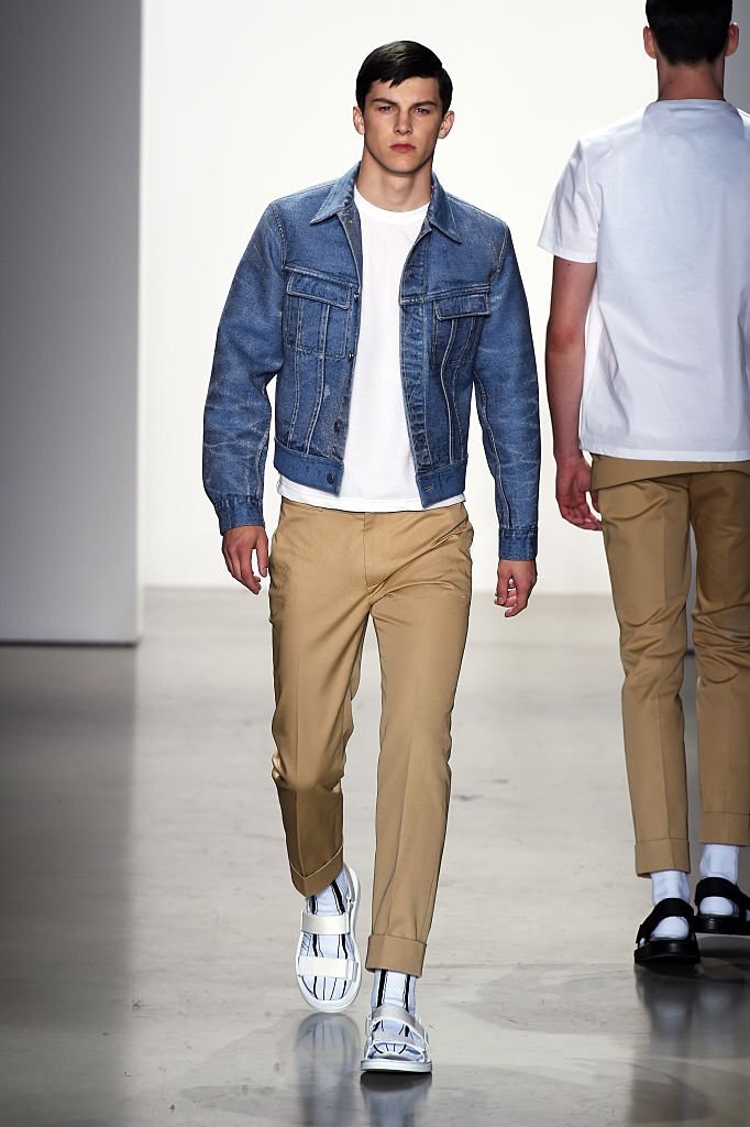 T-shirts, Denim Jackets with Chinos Pants, and Sneakers