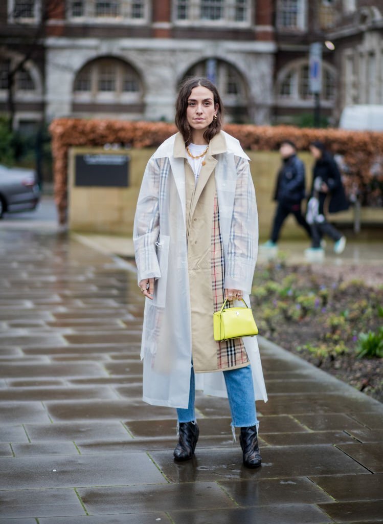 4. Leather Raincoats, Shirt with Flare Jeans, and Square Toe Boots