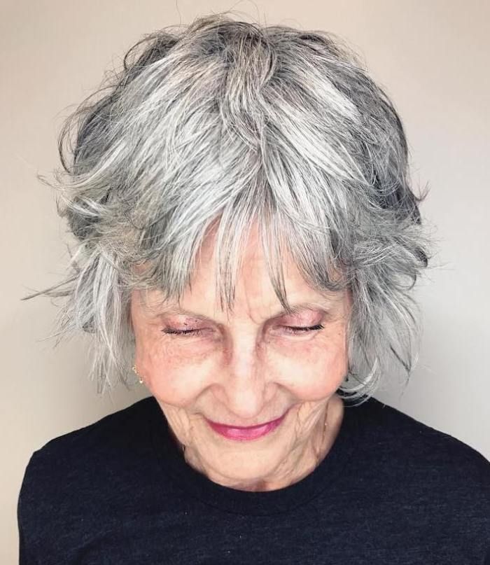 19. Salt And Pepper Short Shag With Bangs