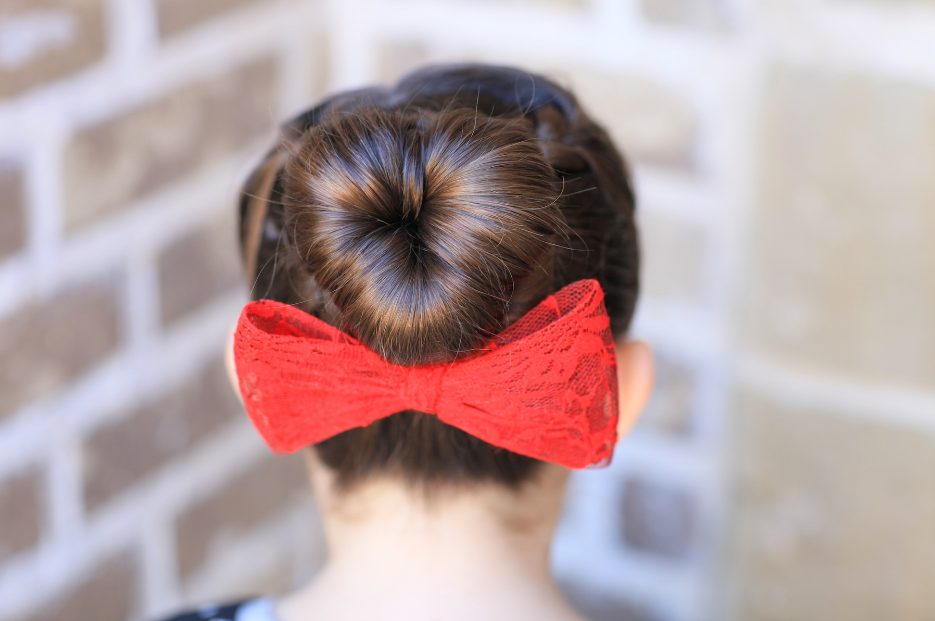 Heart braided buns with ribbons