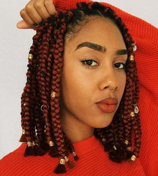 Red Box Braids With Gold Accents