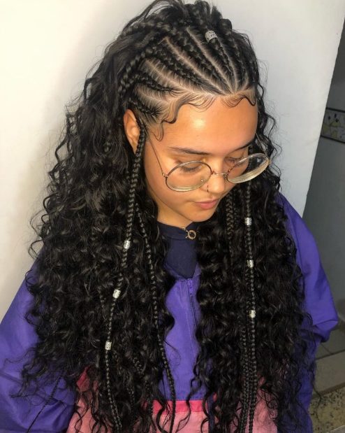 Beaded stitch braids on curly hair