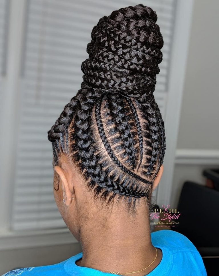 Chunky High Bun With Stitch Braids of Various Sizes