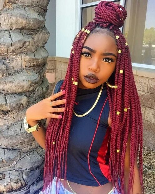 Red Box Braids With Beads