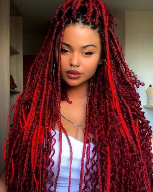 Red Box Braid with Curly Hair