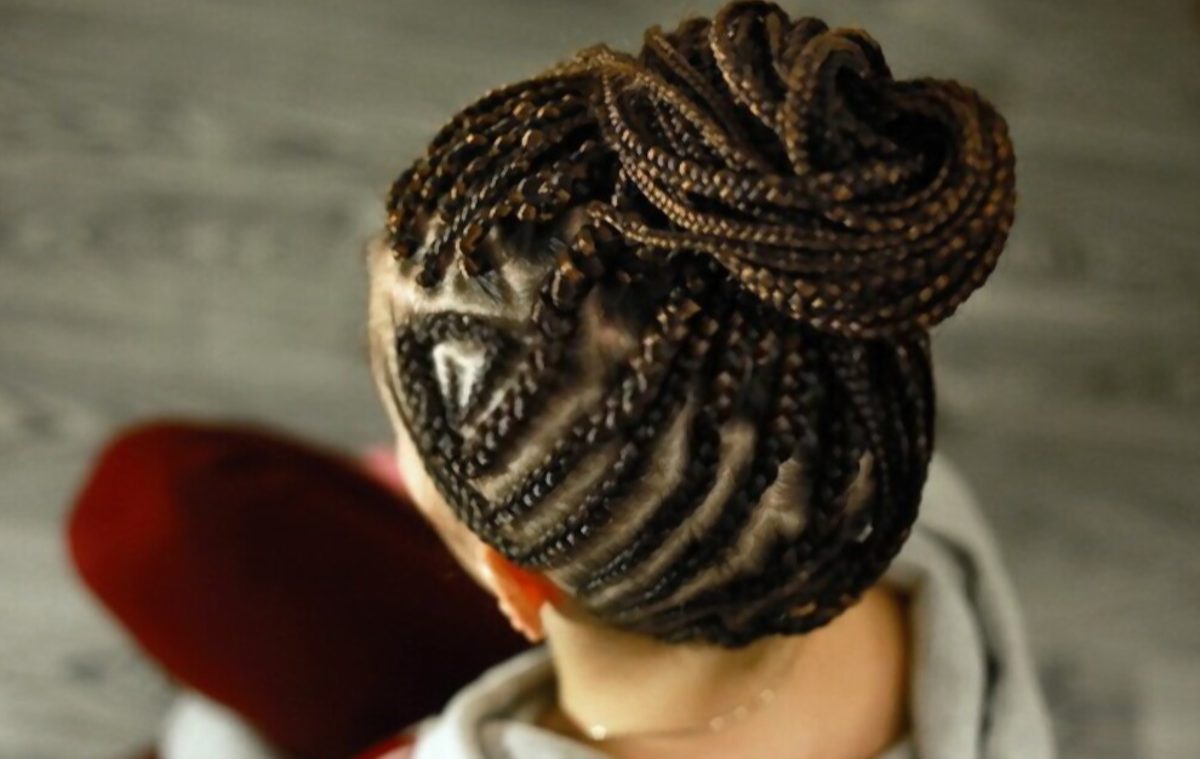 Cornrows on a Raised Golden-Brown Bun