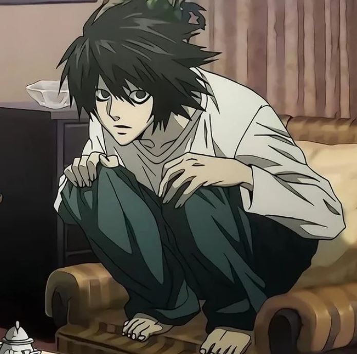 Psycho anime boy with black messy hair and brown eye