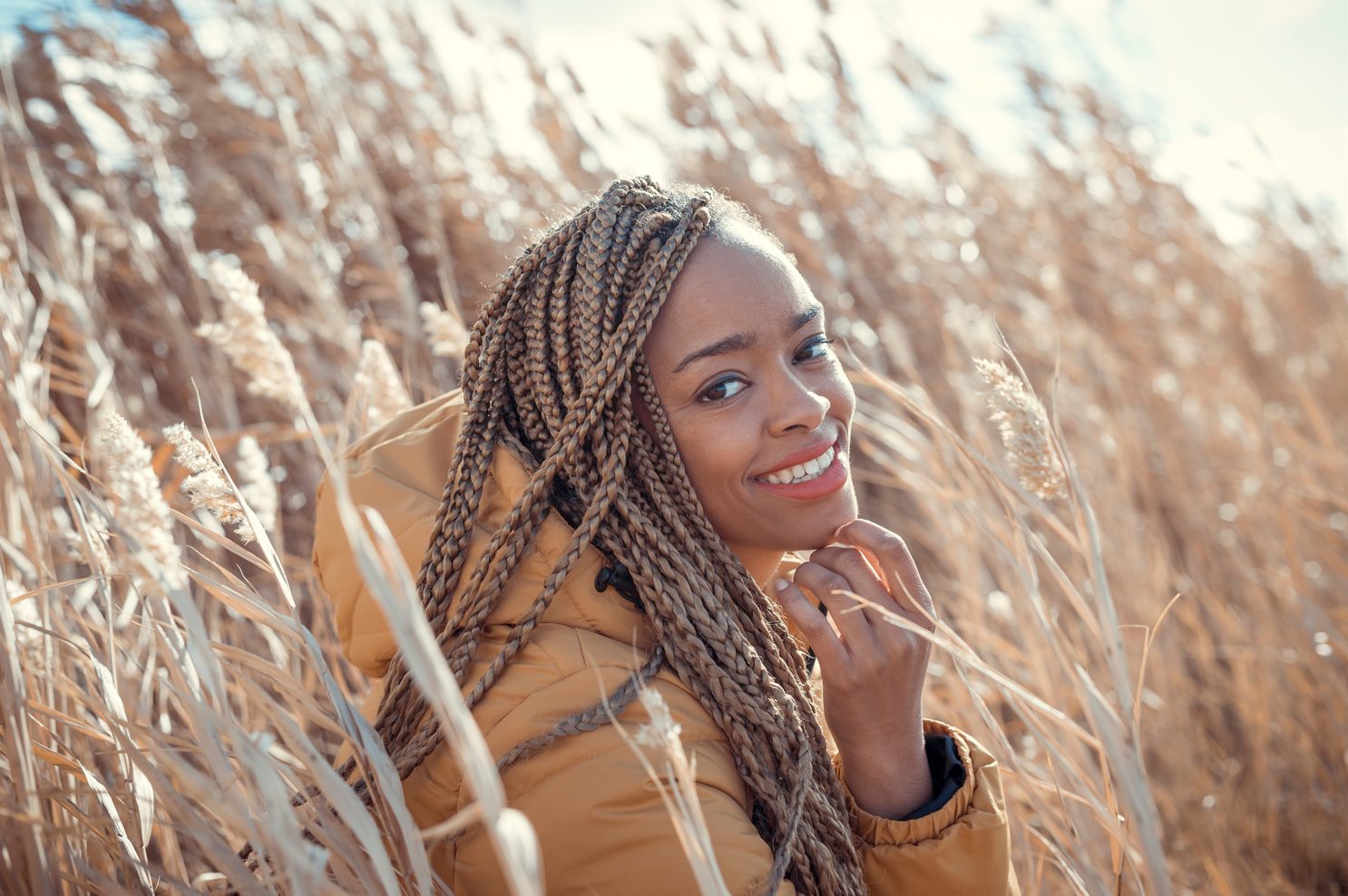 Thin Hair Caramel Box Braids via Shutterstock