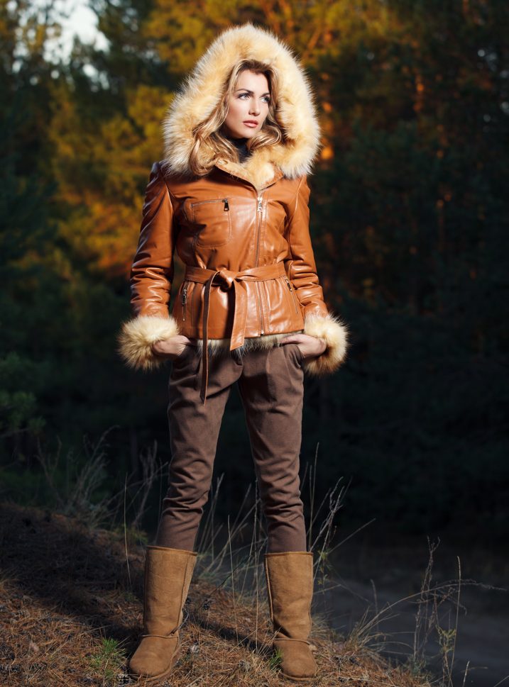 Shearling jacket and brown jeans