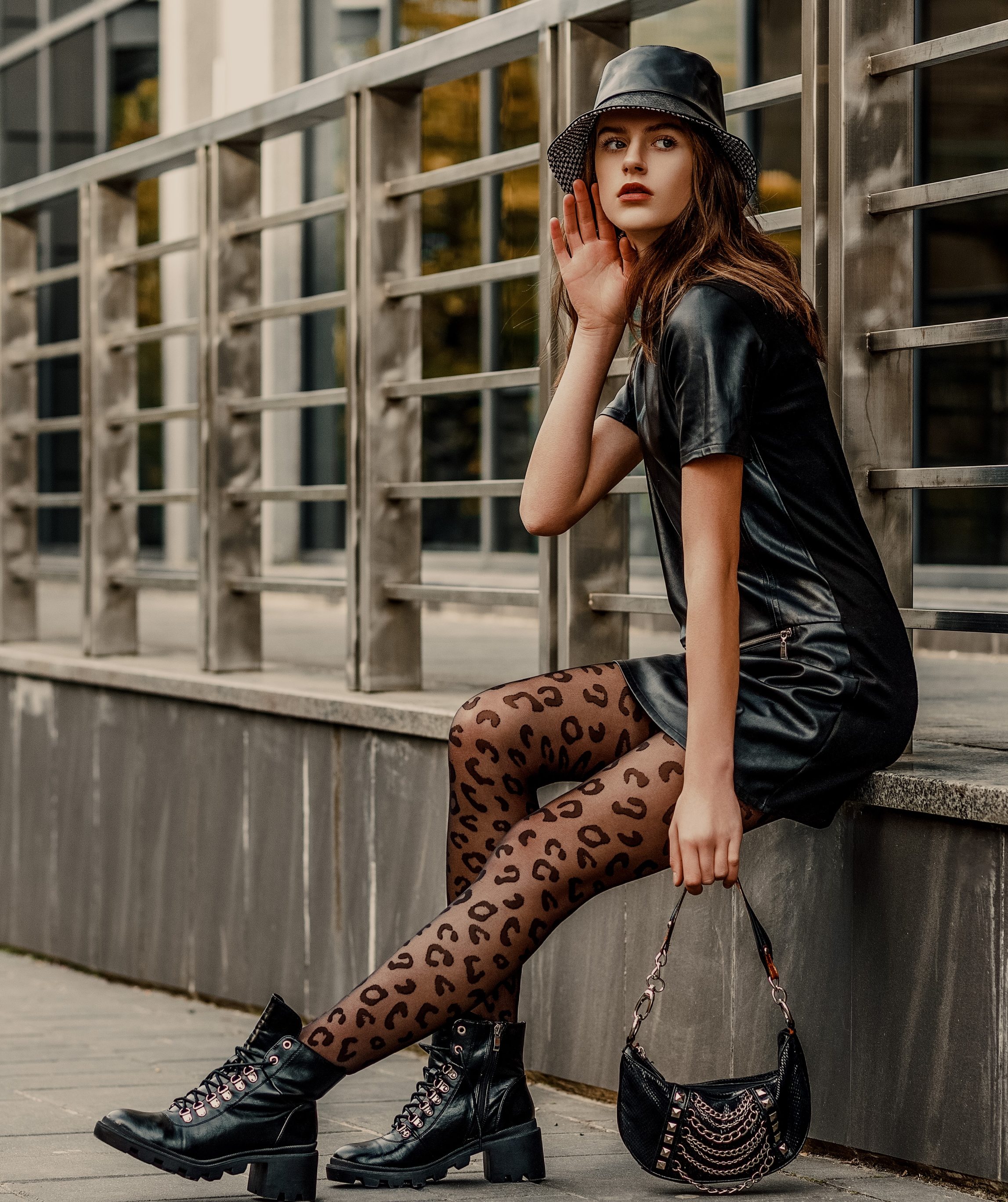 Trendy Leather Bucket hat, Dress, Black Leopard Print Tights, Ankle Boots And Small Bag