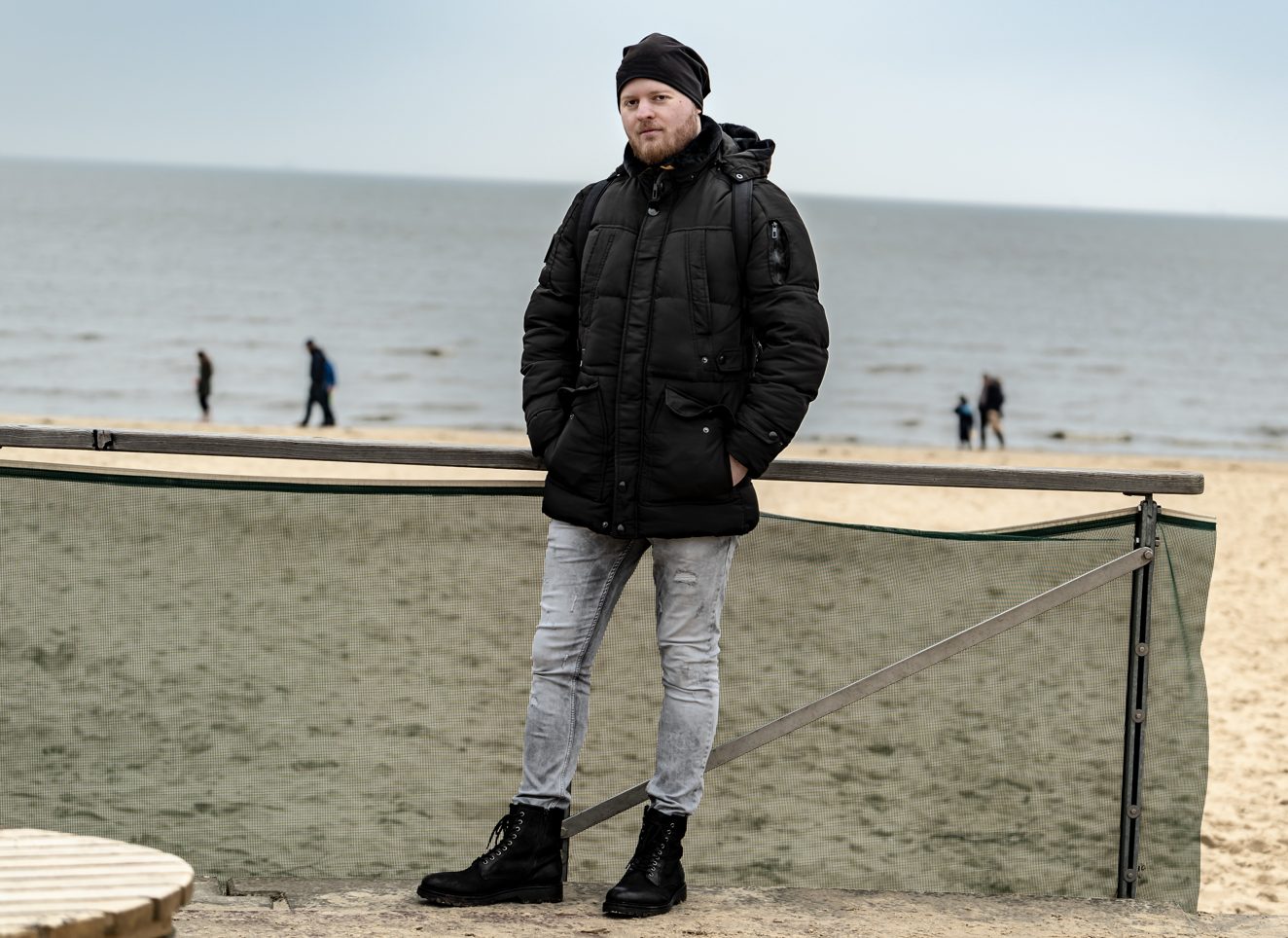 Black puffer jacket and skinny  jeans