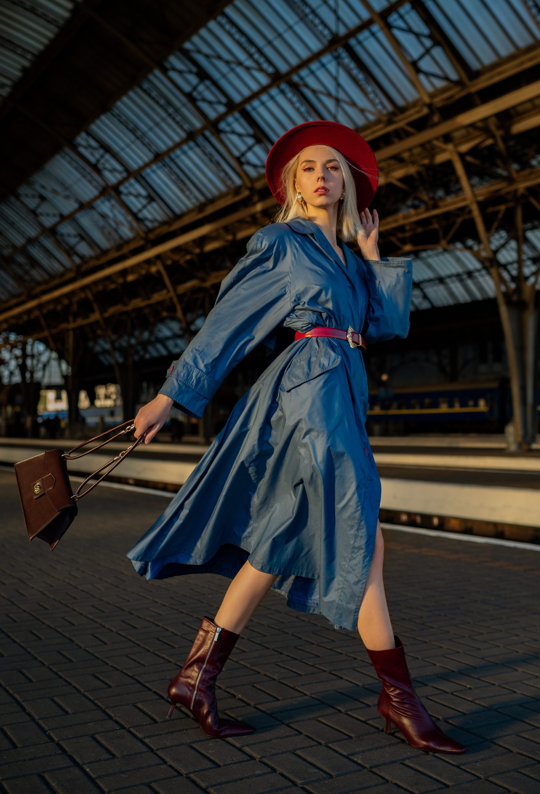 Trench coat, Belt and Burgundy Leather Ankle Boots