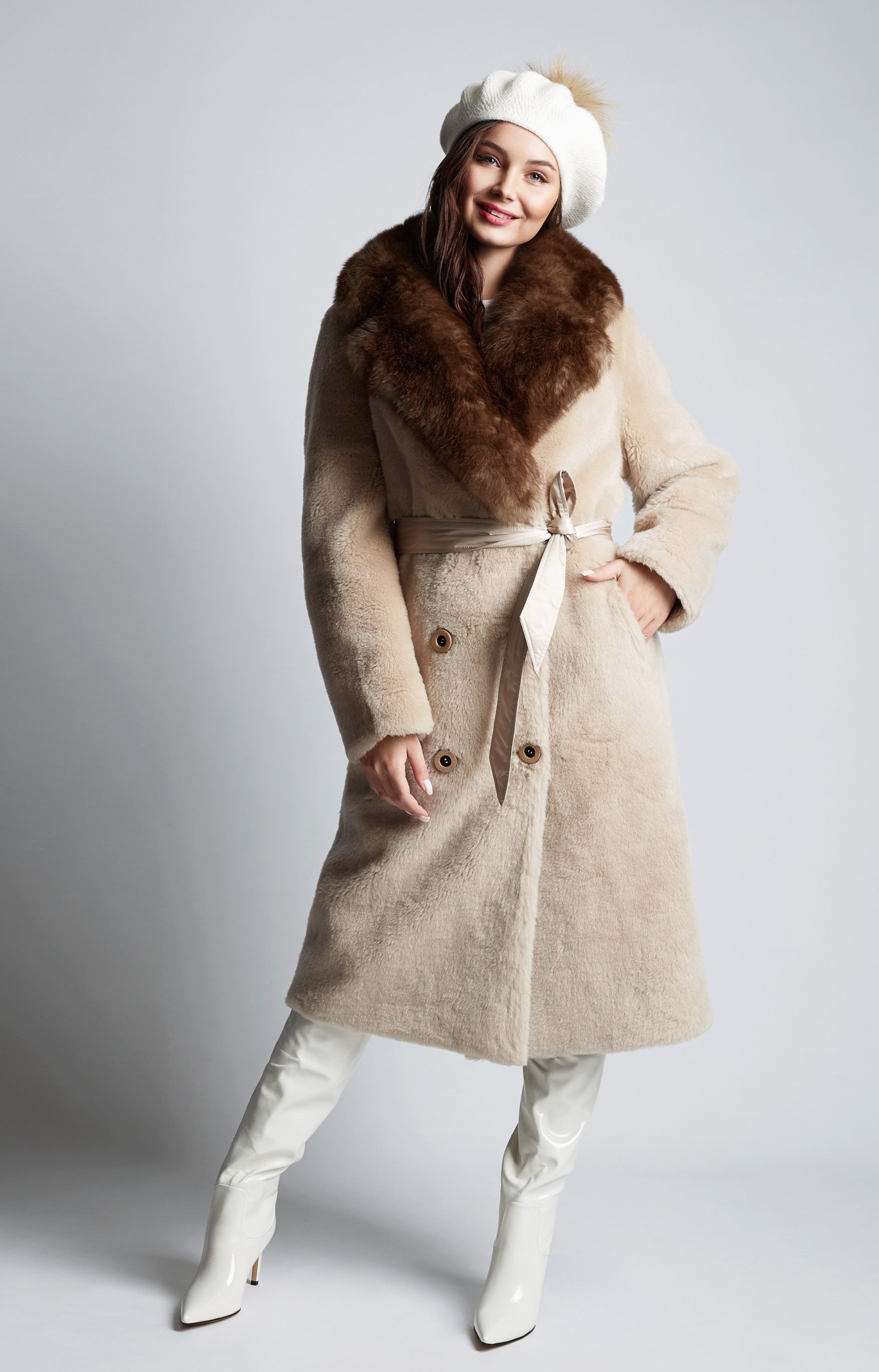 Fur Collar Classic  Coat Styled With White Boots