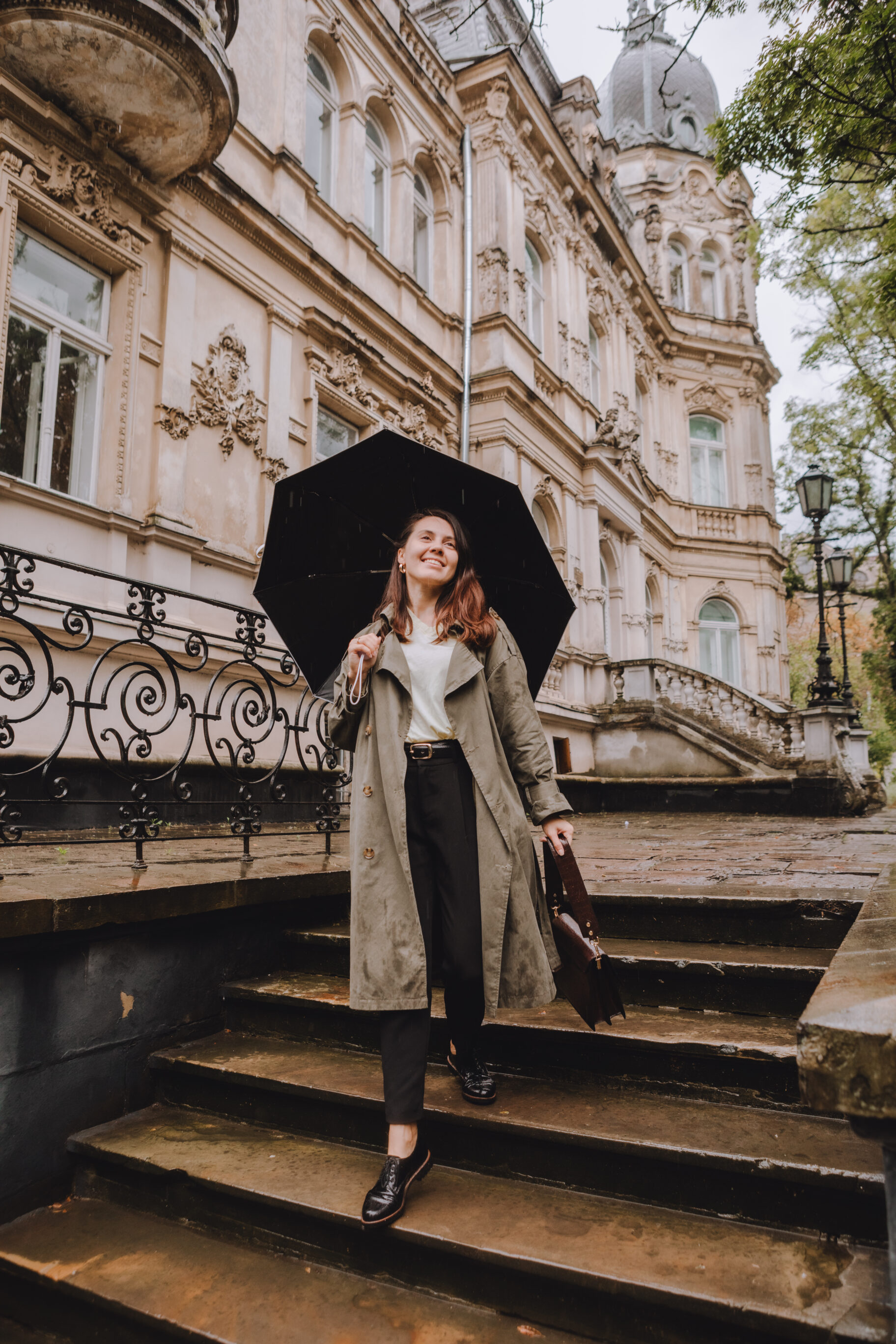 An Umbrella, Trench Coat, Blouse & Trousers