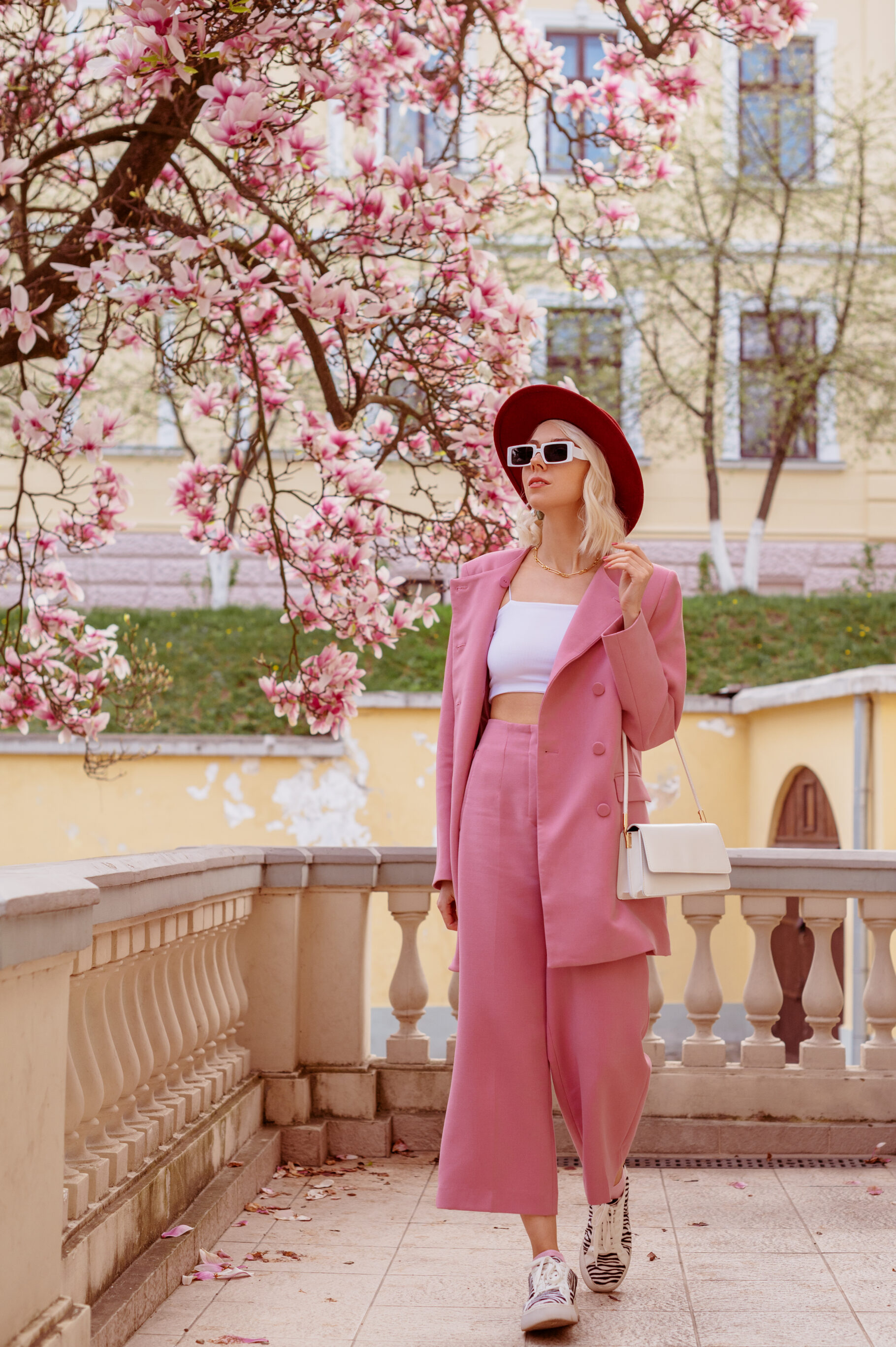 Elegant Pink Suit + White Crop Top + Sunglasses + Burgundy Hat