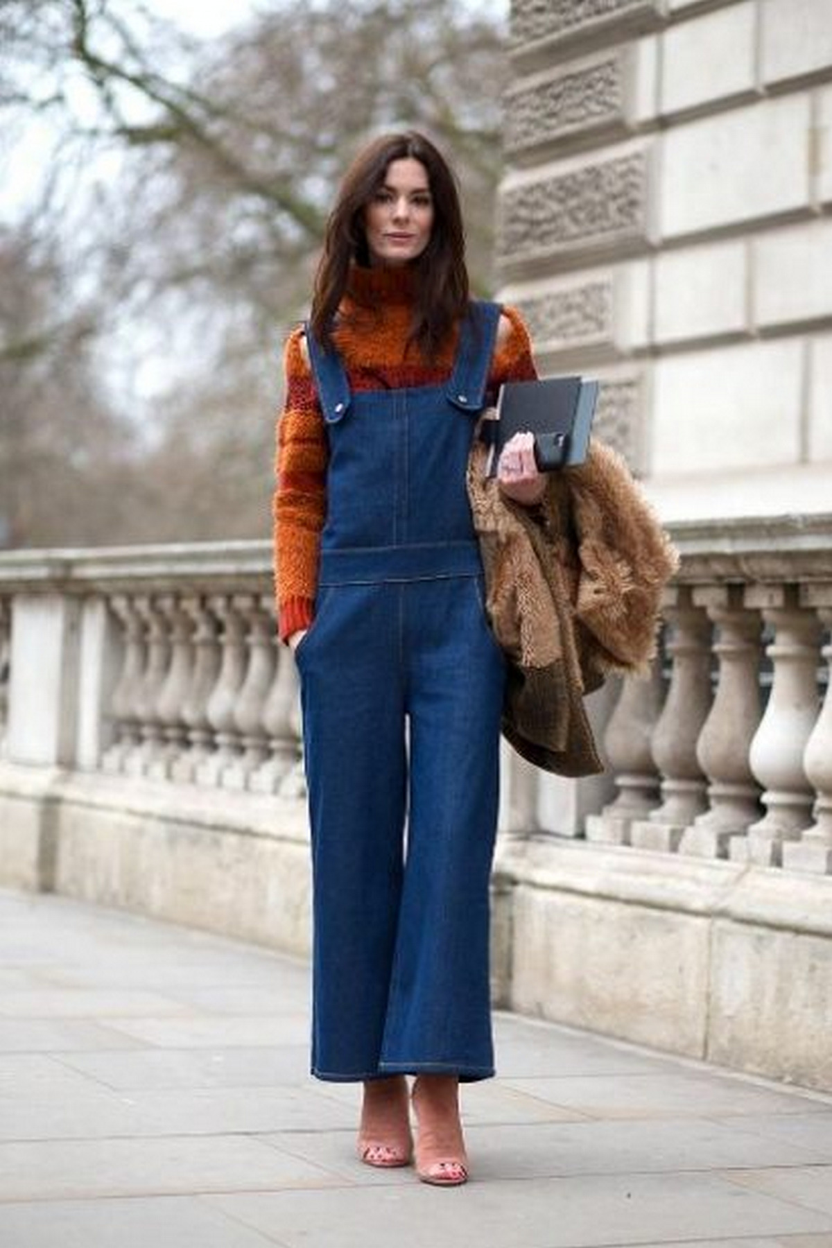 Orange Sweater With Light Blue Denim Overalls