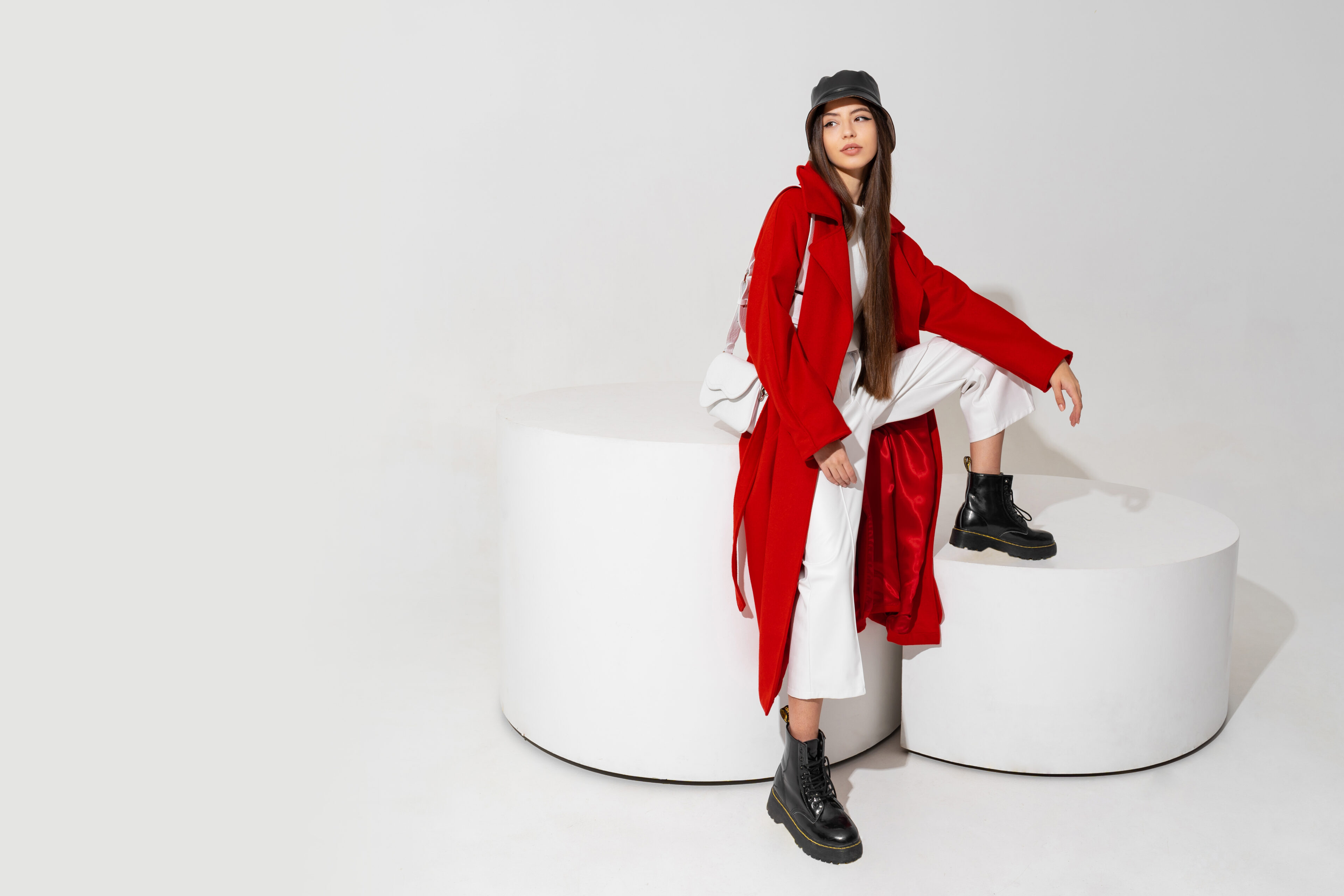 Red Long Trench Coat & White Outfit