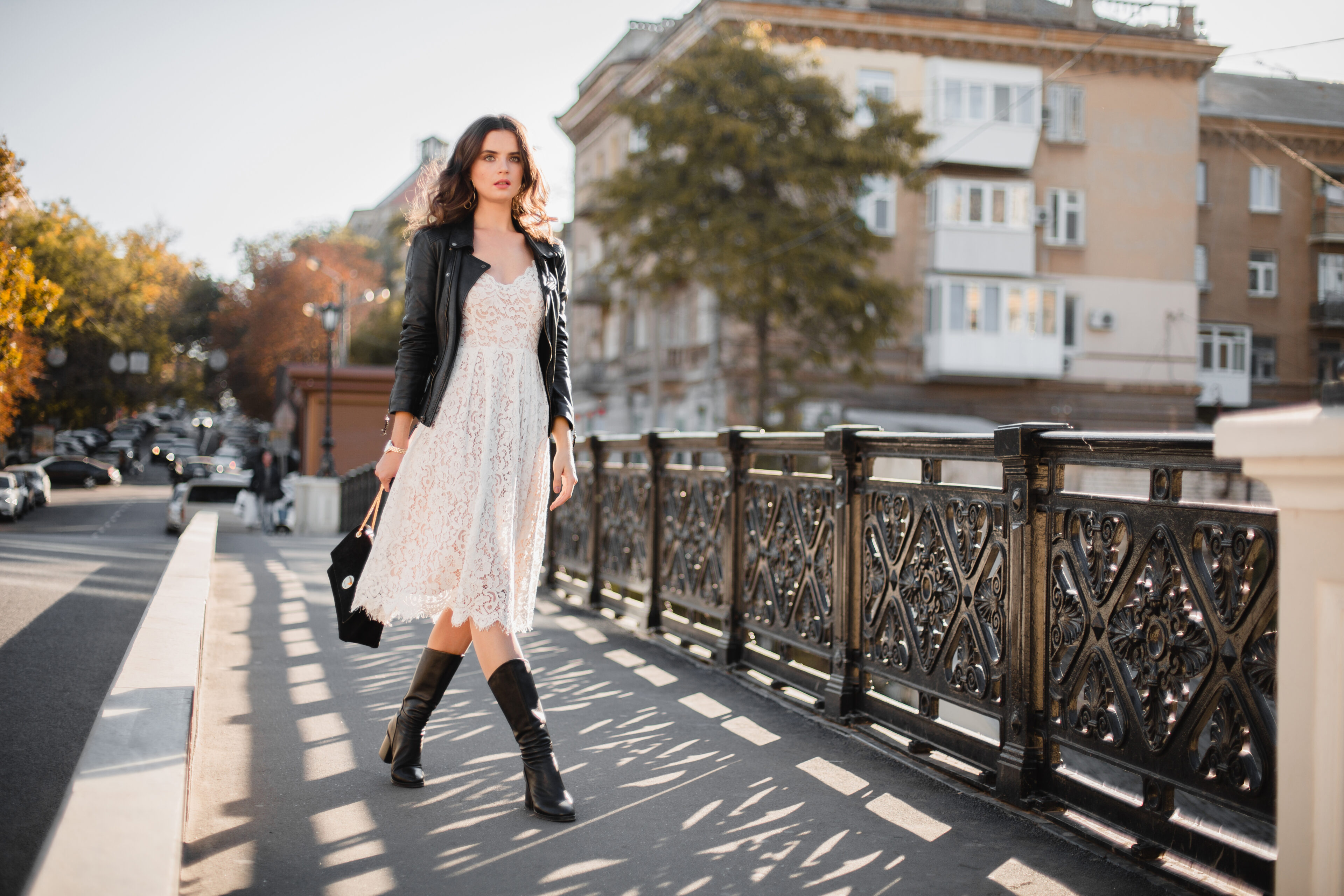 Black Leather Jacket & White Lace Dress