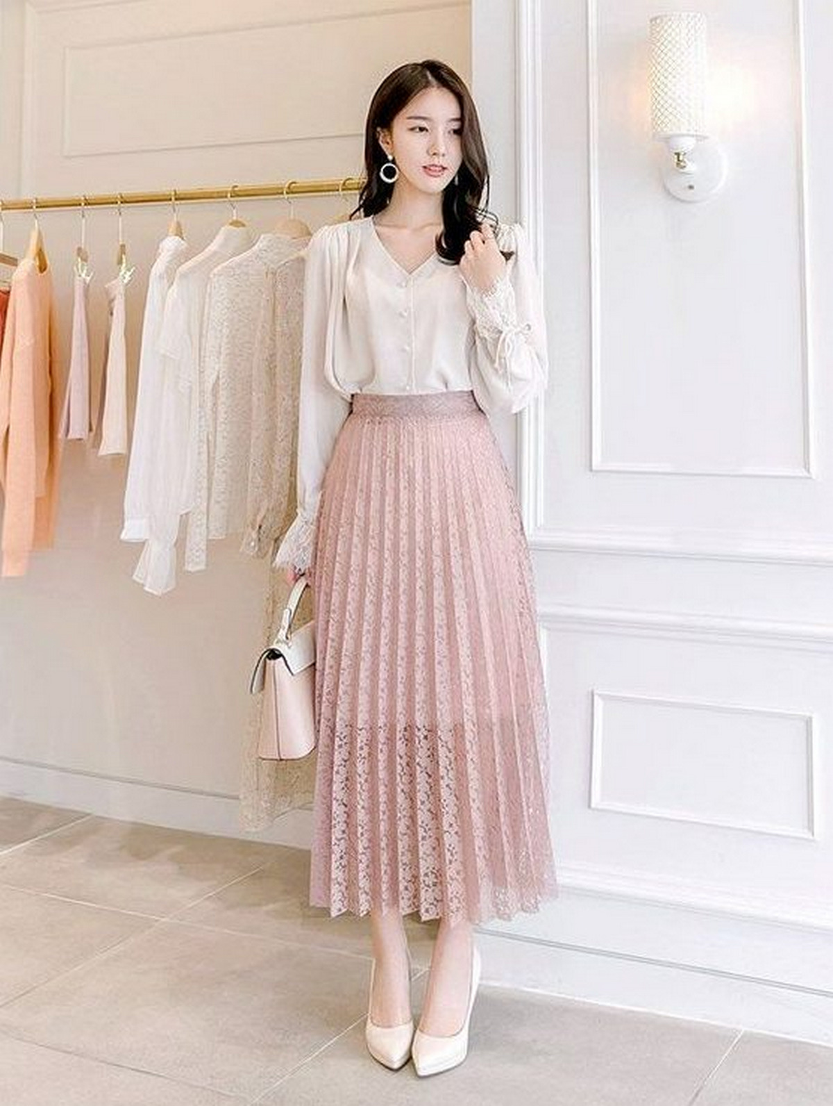  Long Sleeve Blouse, Accordion Long Skirt