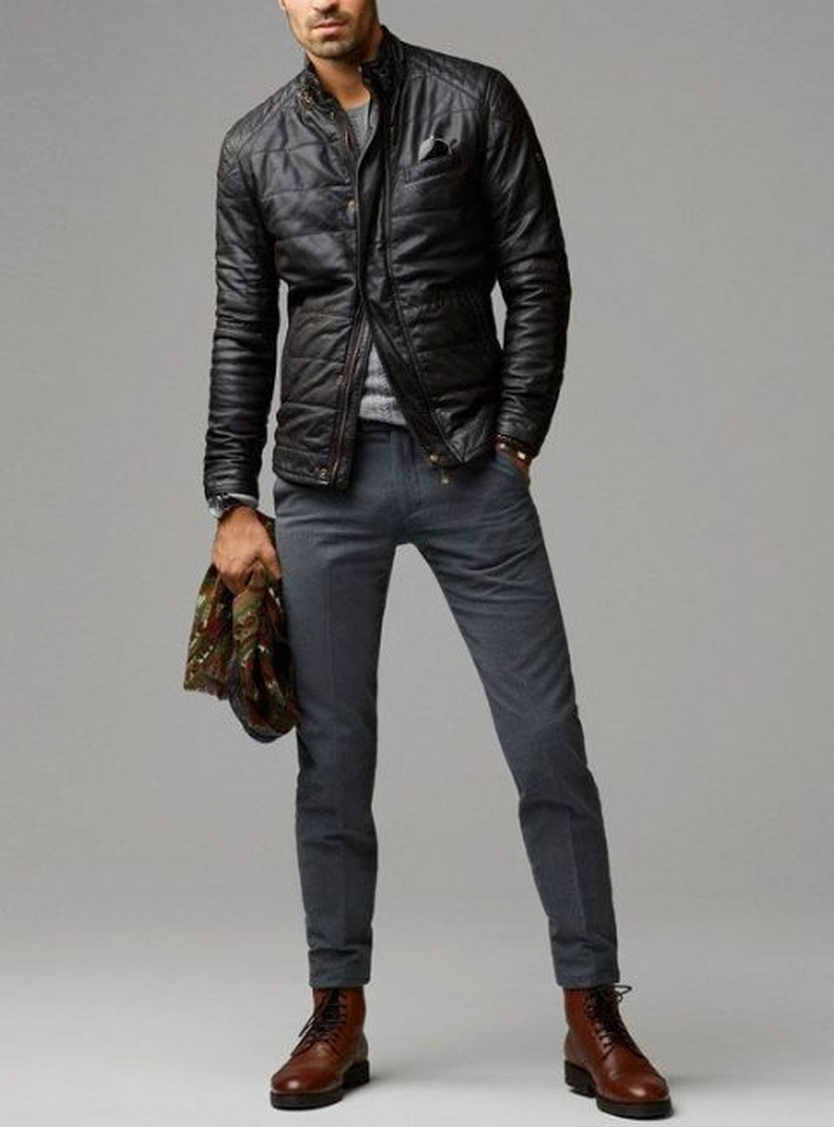 Leather Jackets With Gray Pants For Men