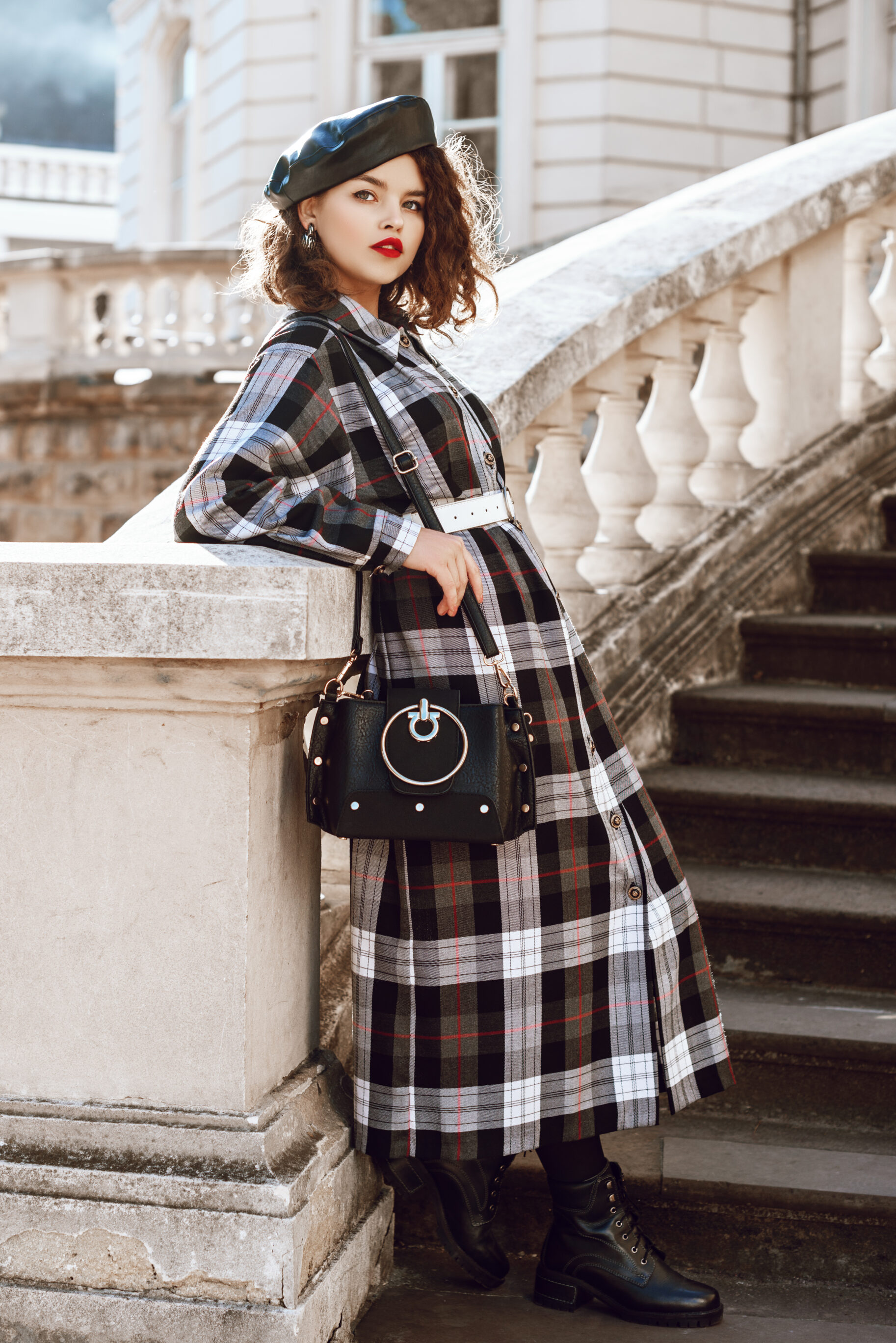 Long Checked Dress, Leather Beret & Boots
