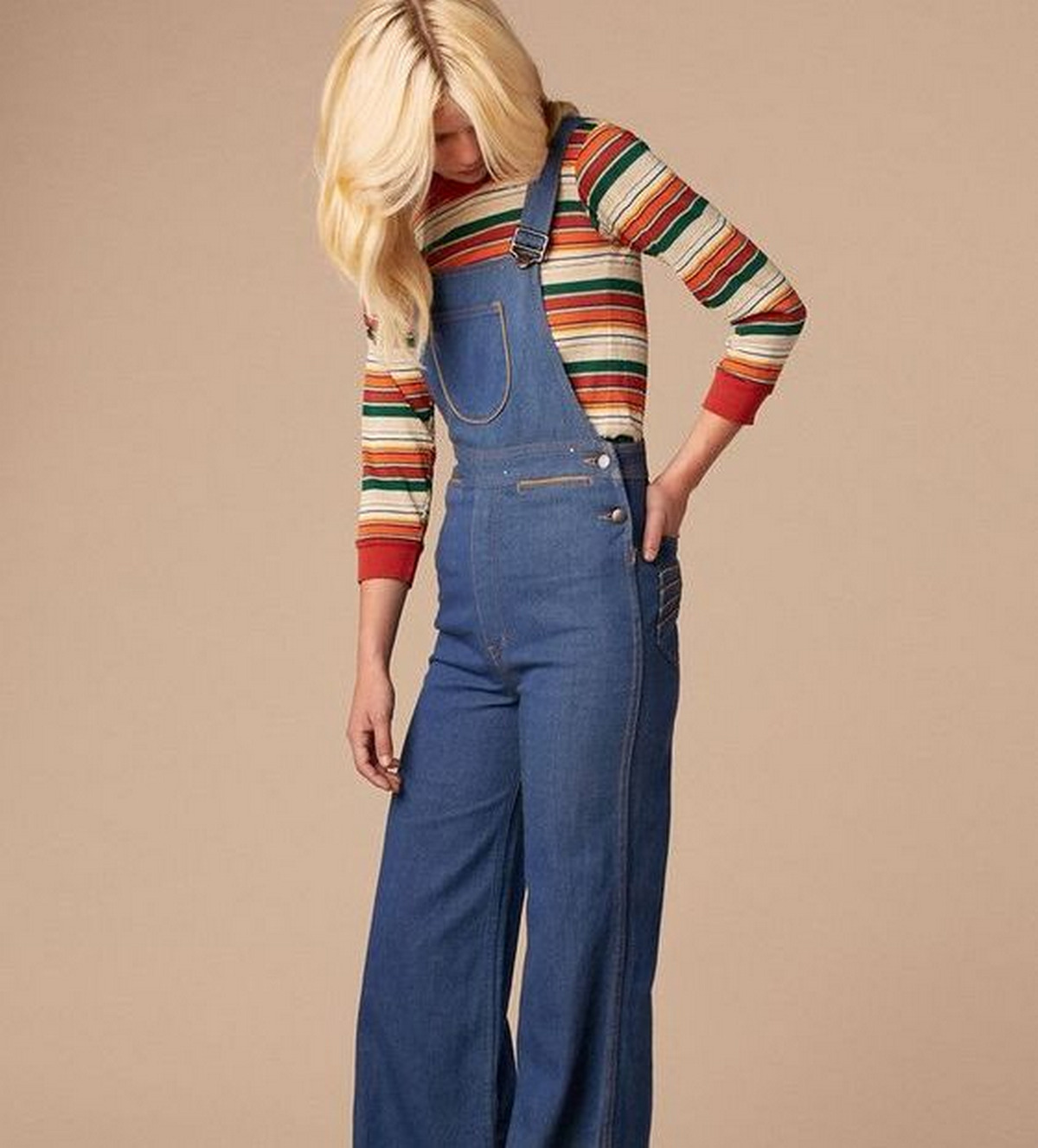 Striped Sweatshirt With Flared Denim Overalls