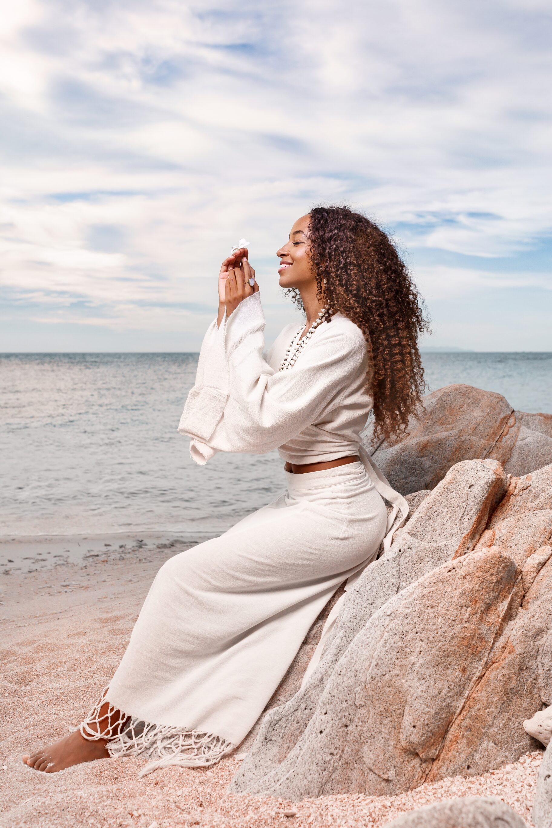 White Puffy V-neck Top And White Maxi Skirt