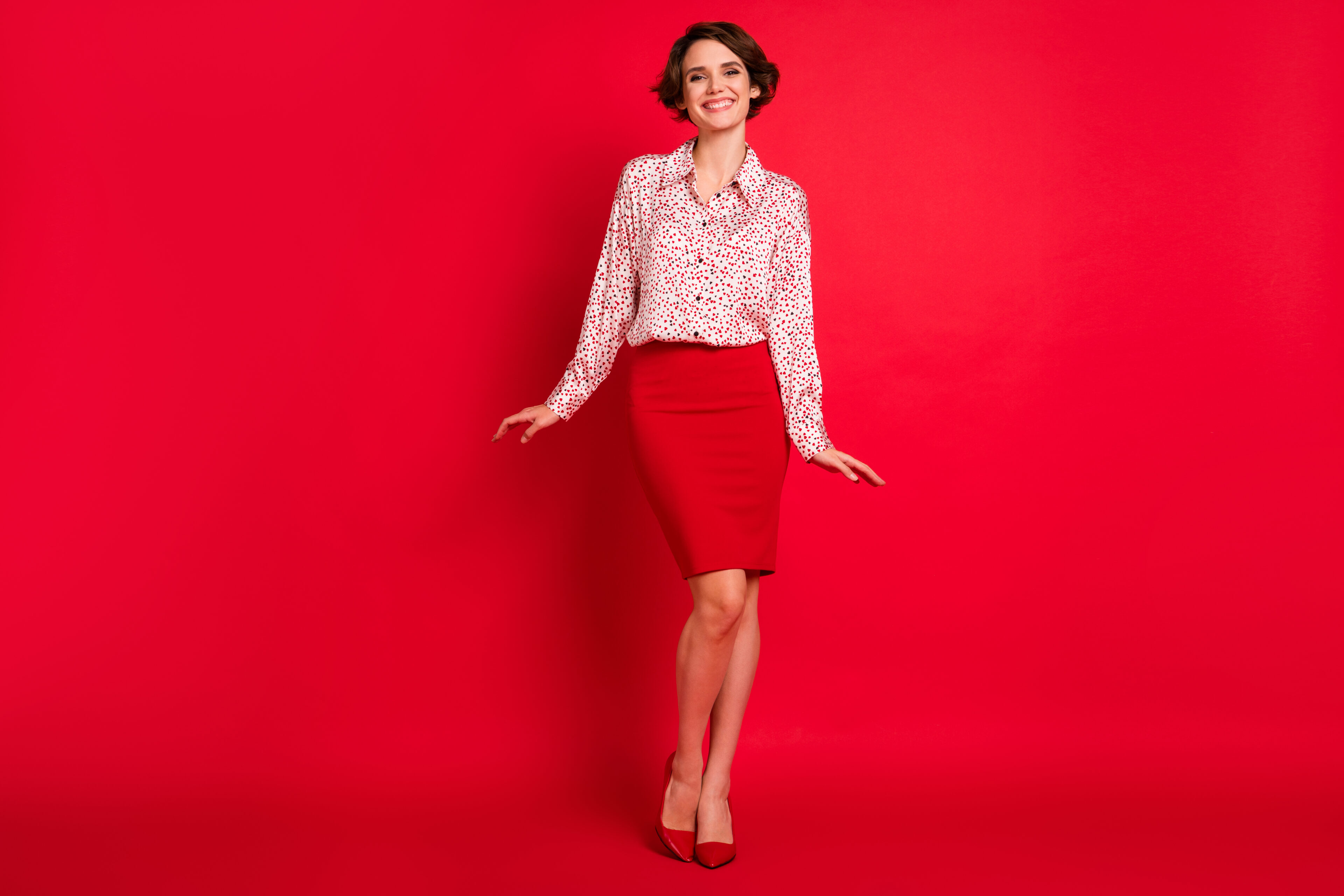 Floral Shirt And Red Pencil Skirt