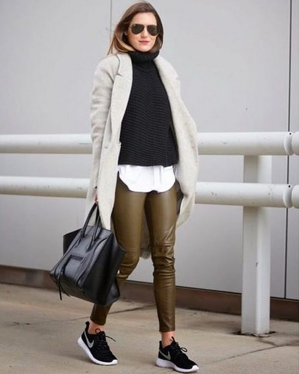 Sweater With Jacket, White Shirt, And Leather Pants