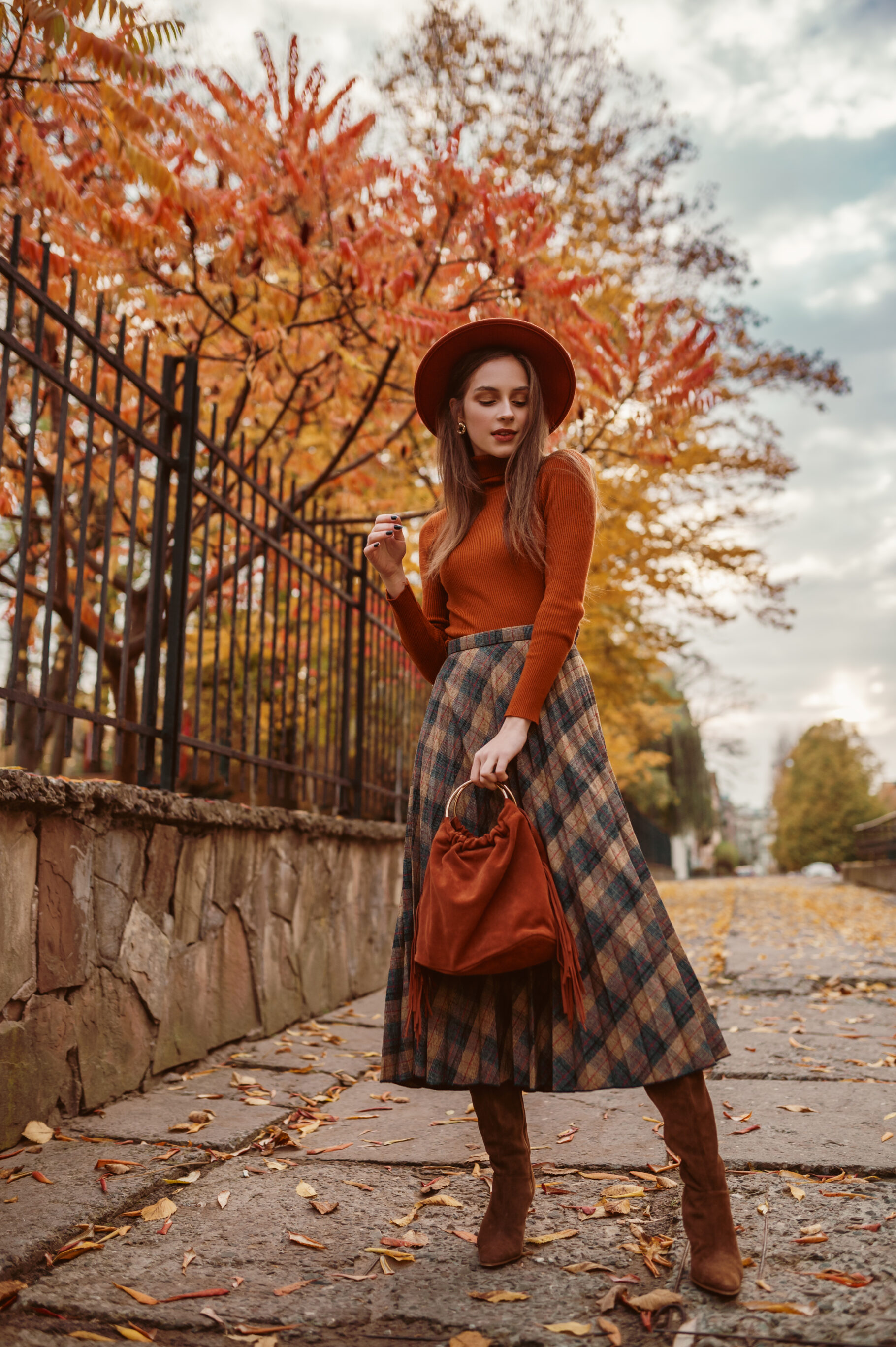 Turtleneck Sweater With Checkered Skirt