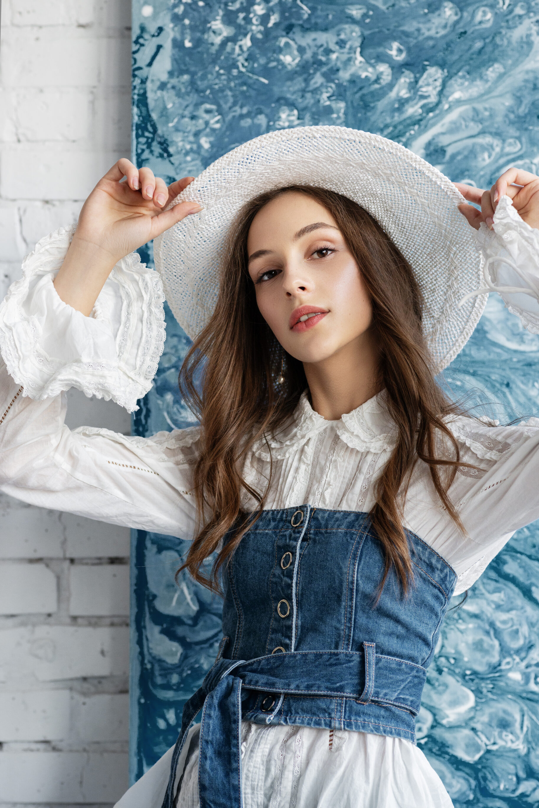 Wicker Hat, Vintage Style White Blouse, and Denim Corset