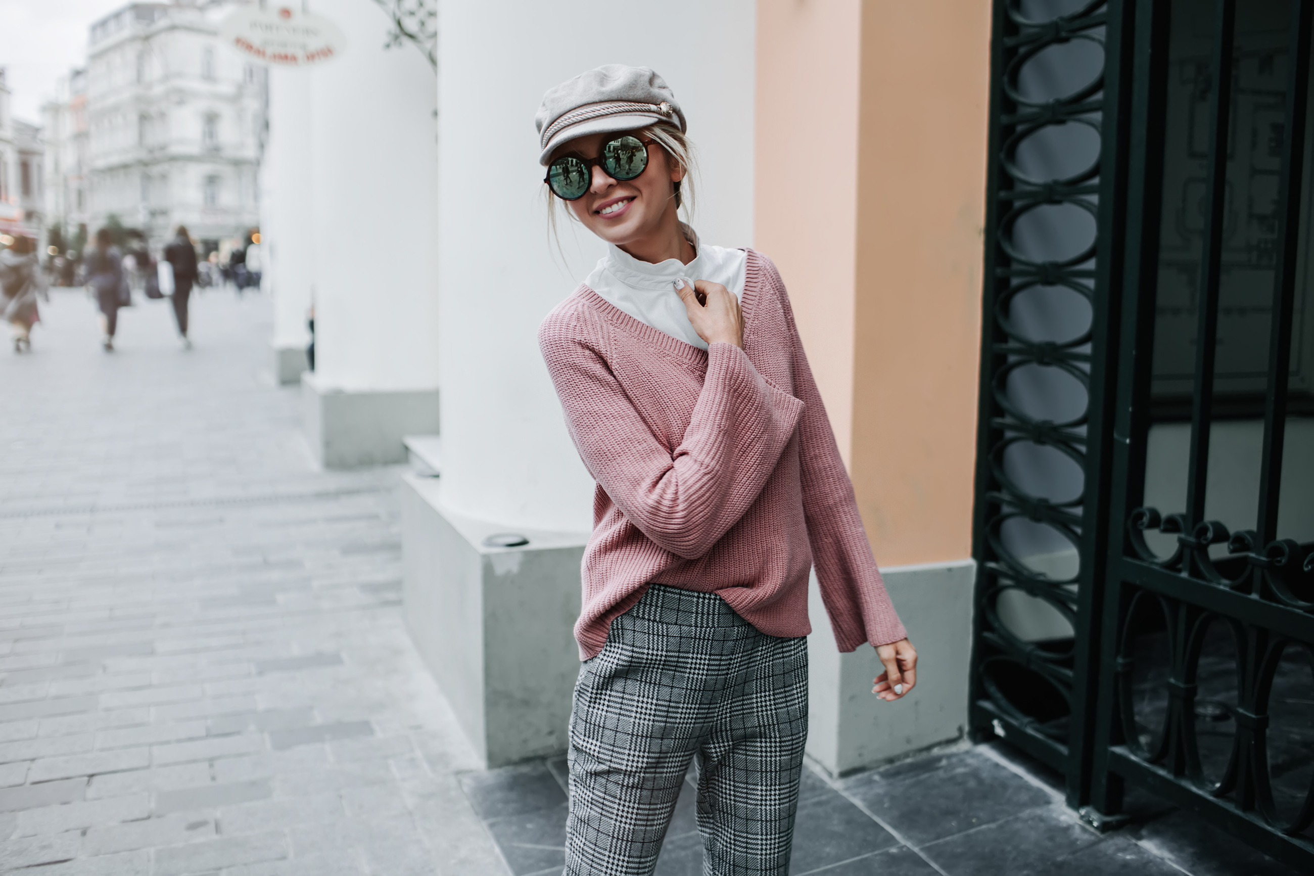 White Shirt With Pink Sweater & Plaid Trousers