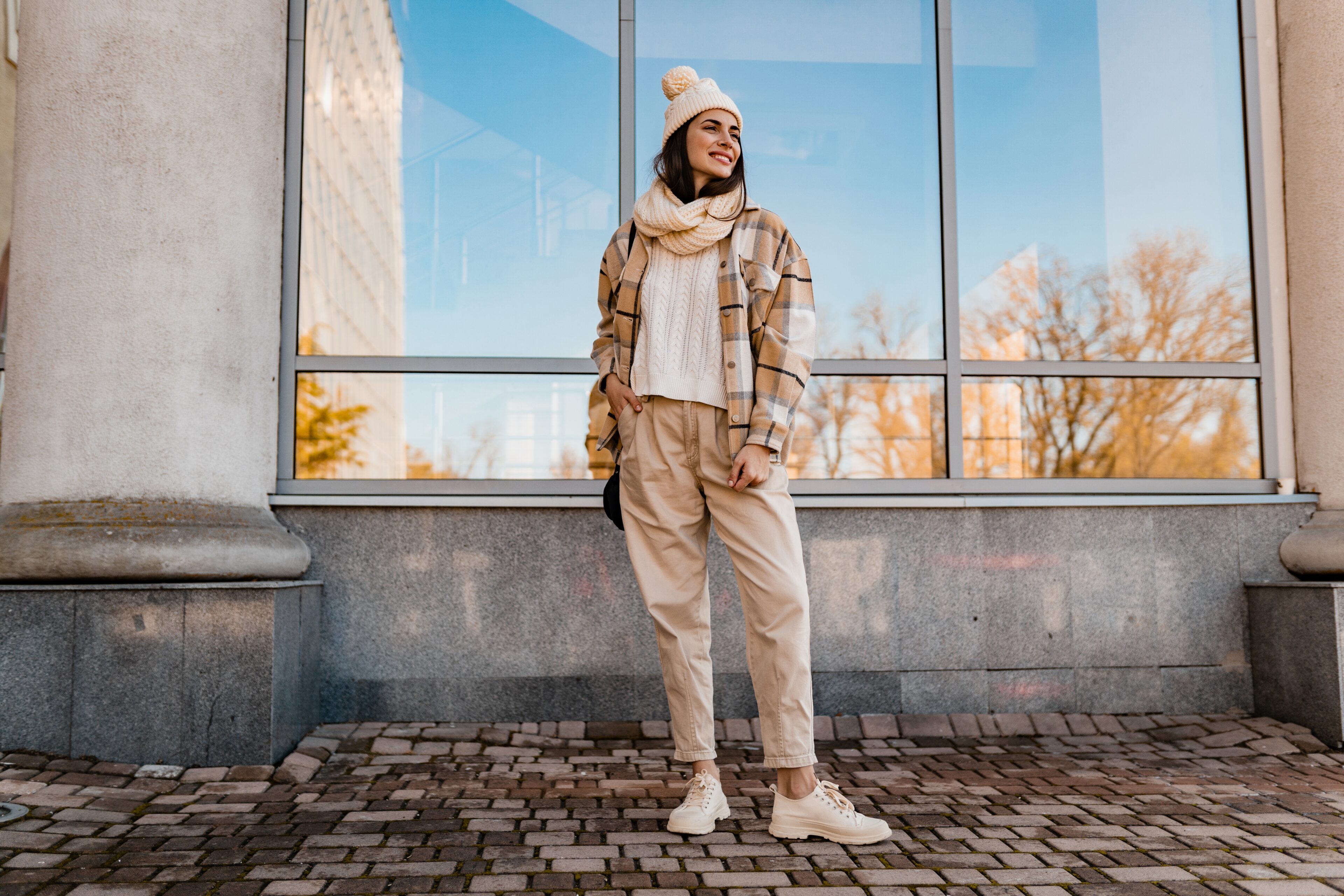 Checkered Coat, White Knitted Hat, Scarf & Beige Pants