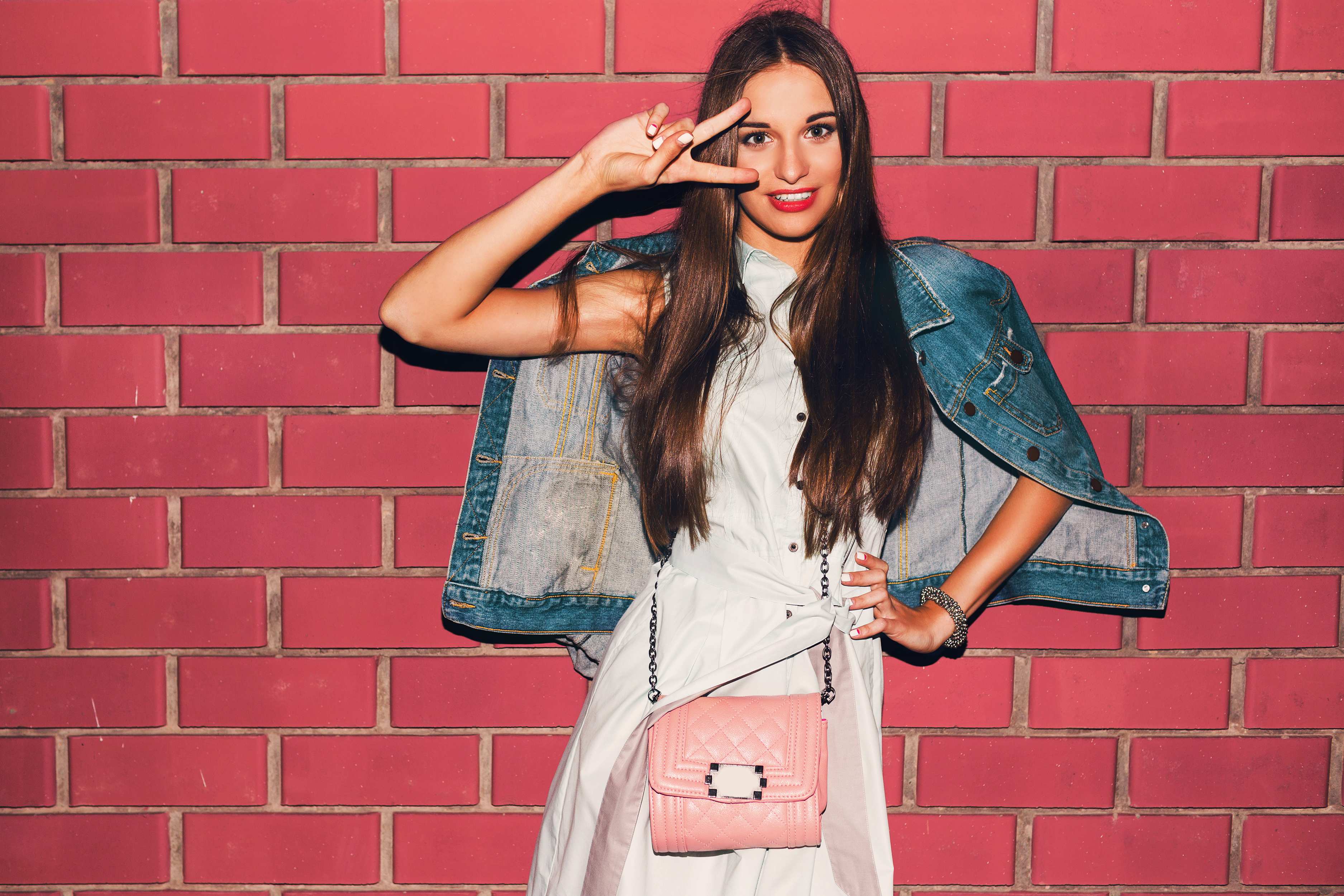 Jean Jacket, White Dress, and Pink Leather Handbag