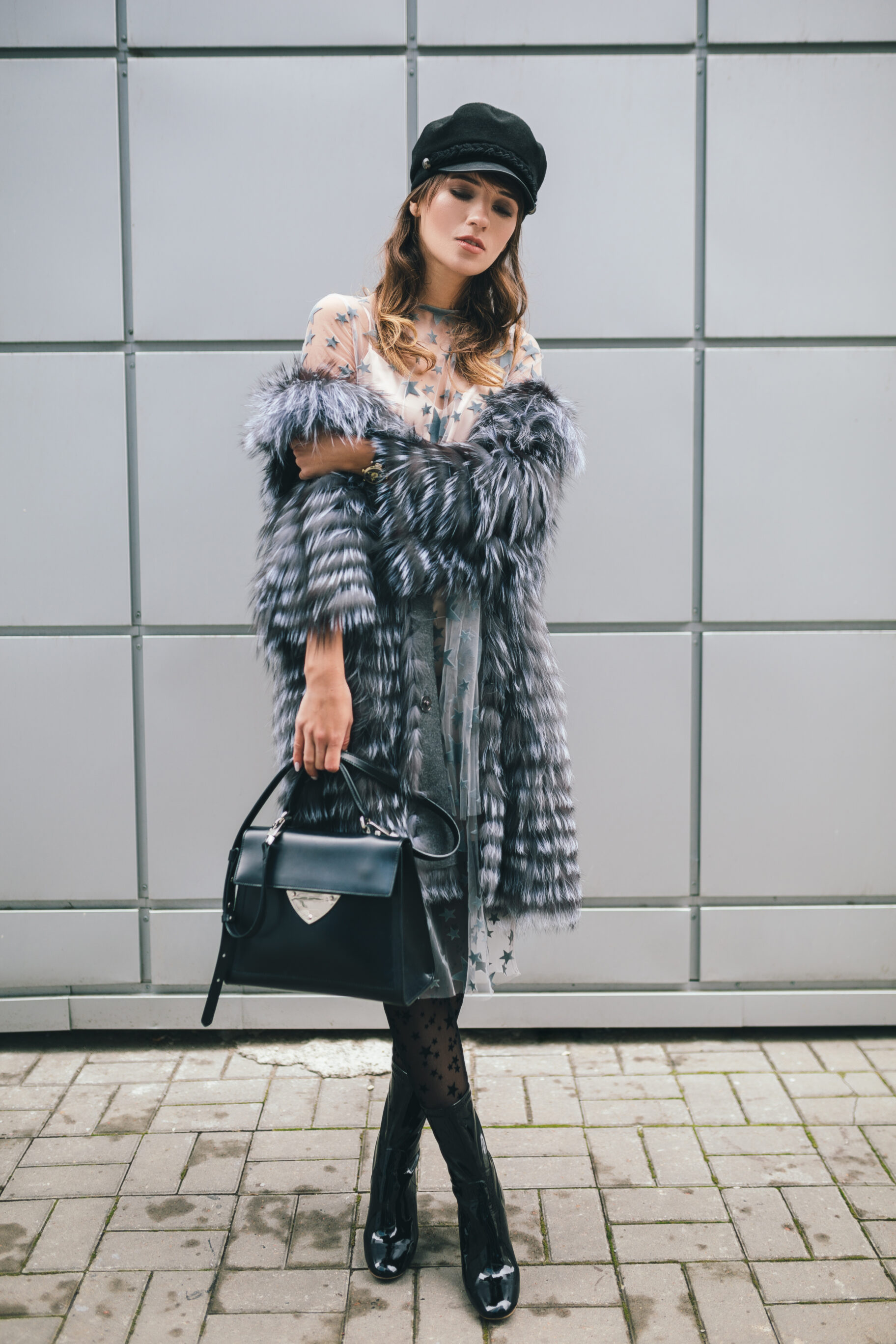 Ruffle Fur Coat, Sheer Dress With Tights and Hat