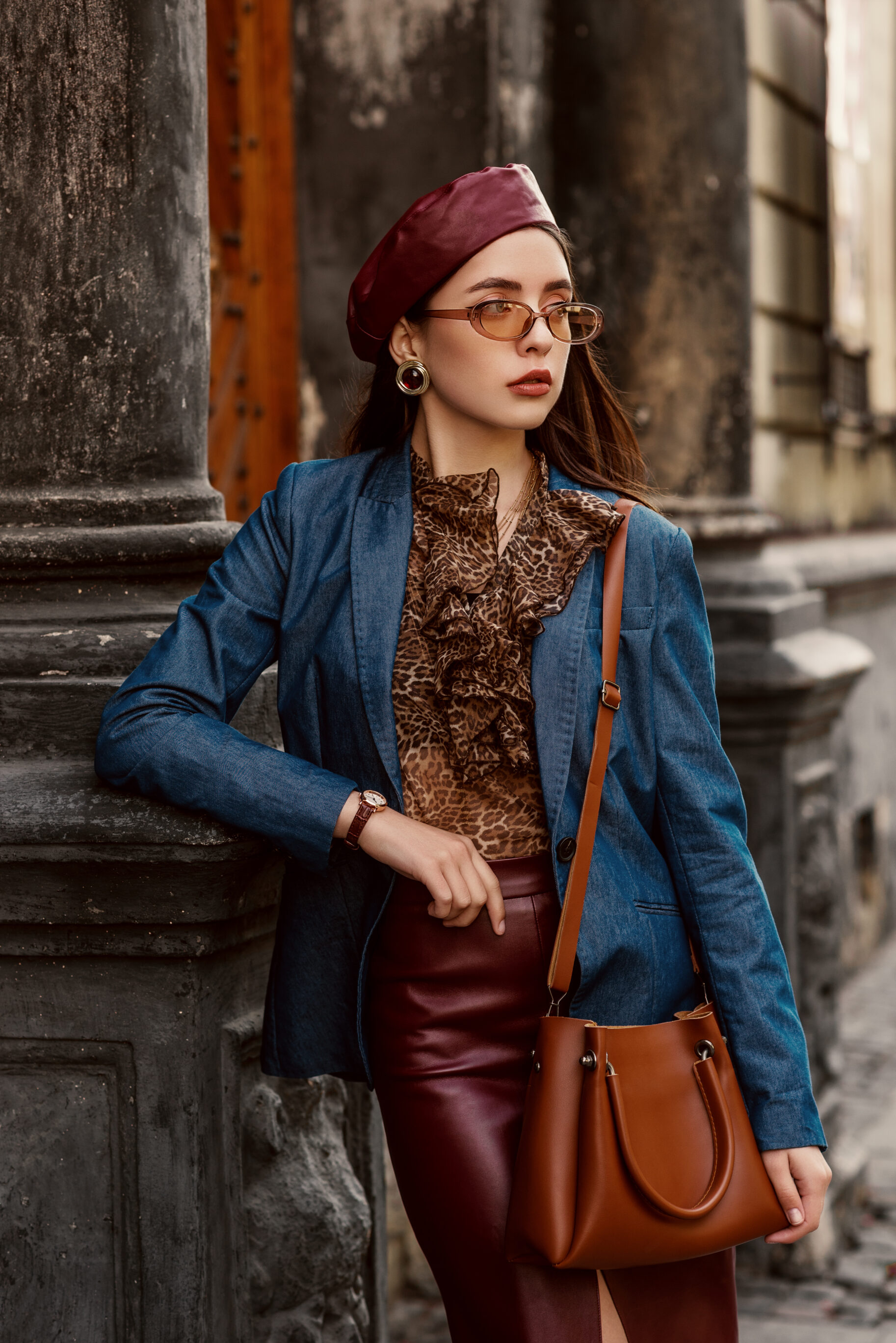 Leather Beret, Pencil Skirt, Cheetah Print Ruffle Top, Blue Denim Blazer