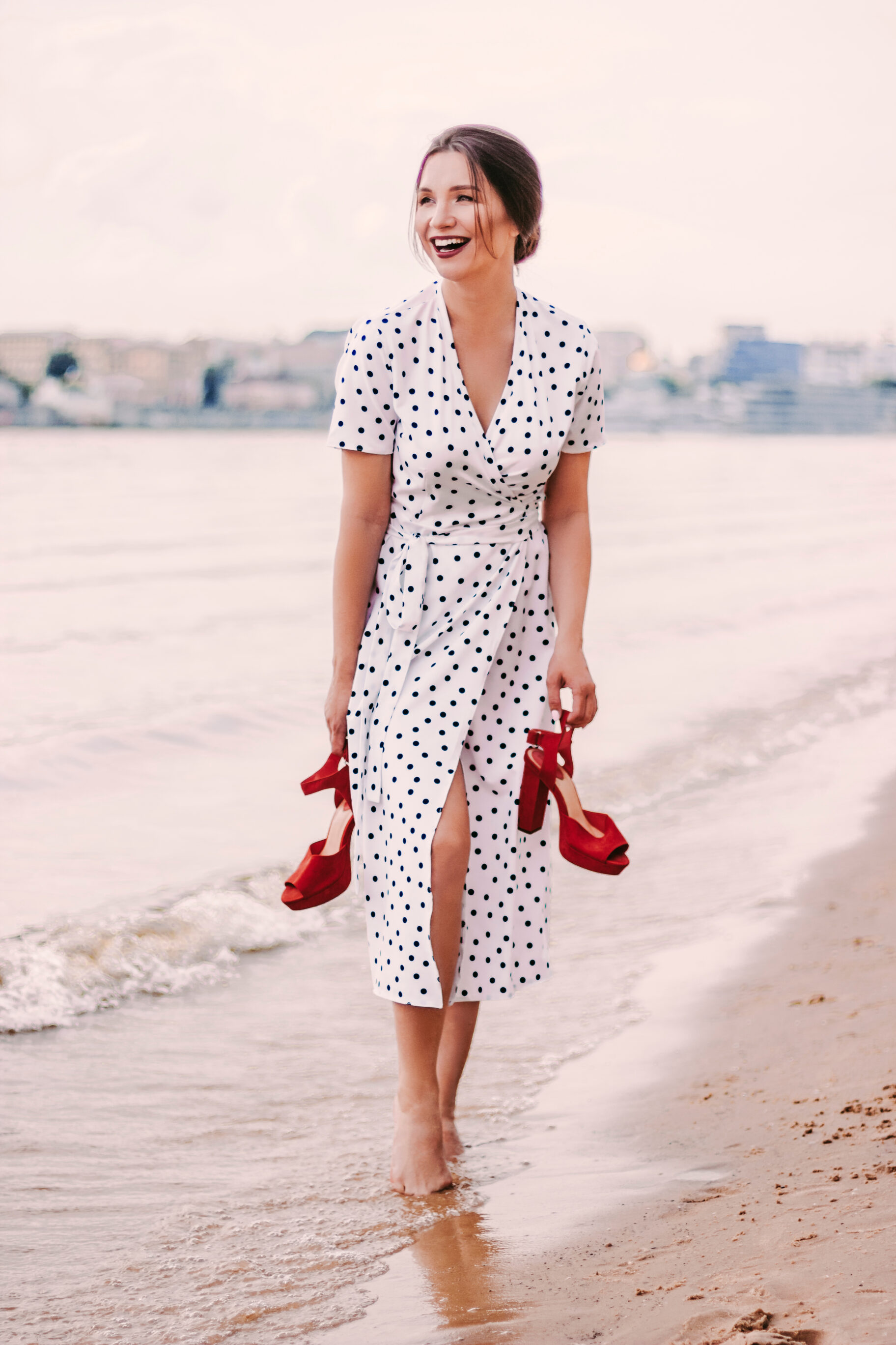 White Polka Dot Dress And Red Platform Heels