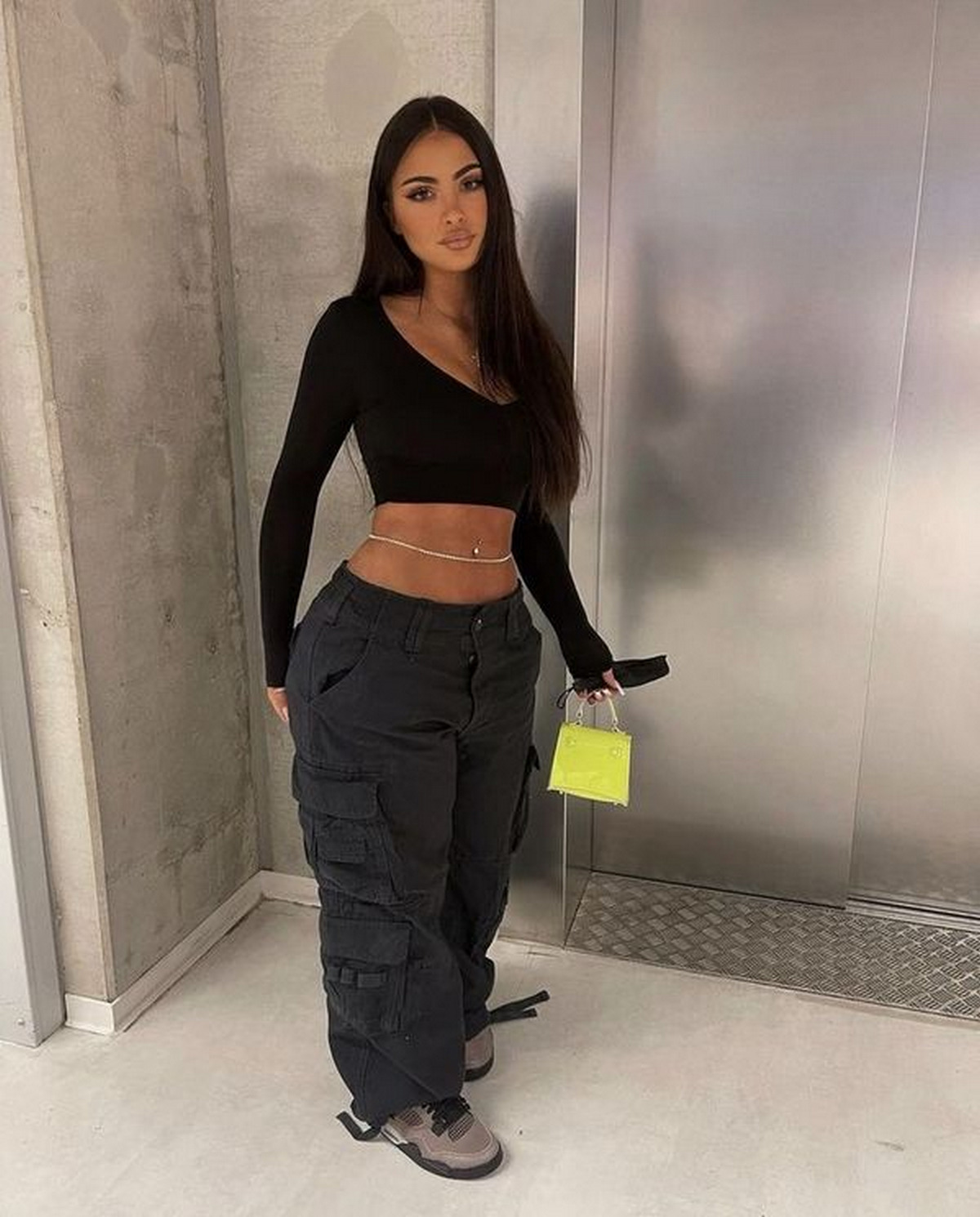 Cargo Pants, Long Sleeve Crop Top, Sneakers