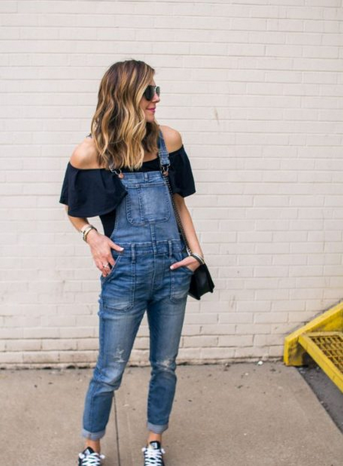 Dark Blue Off-Shoulder Top With Denim Overalls