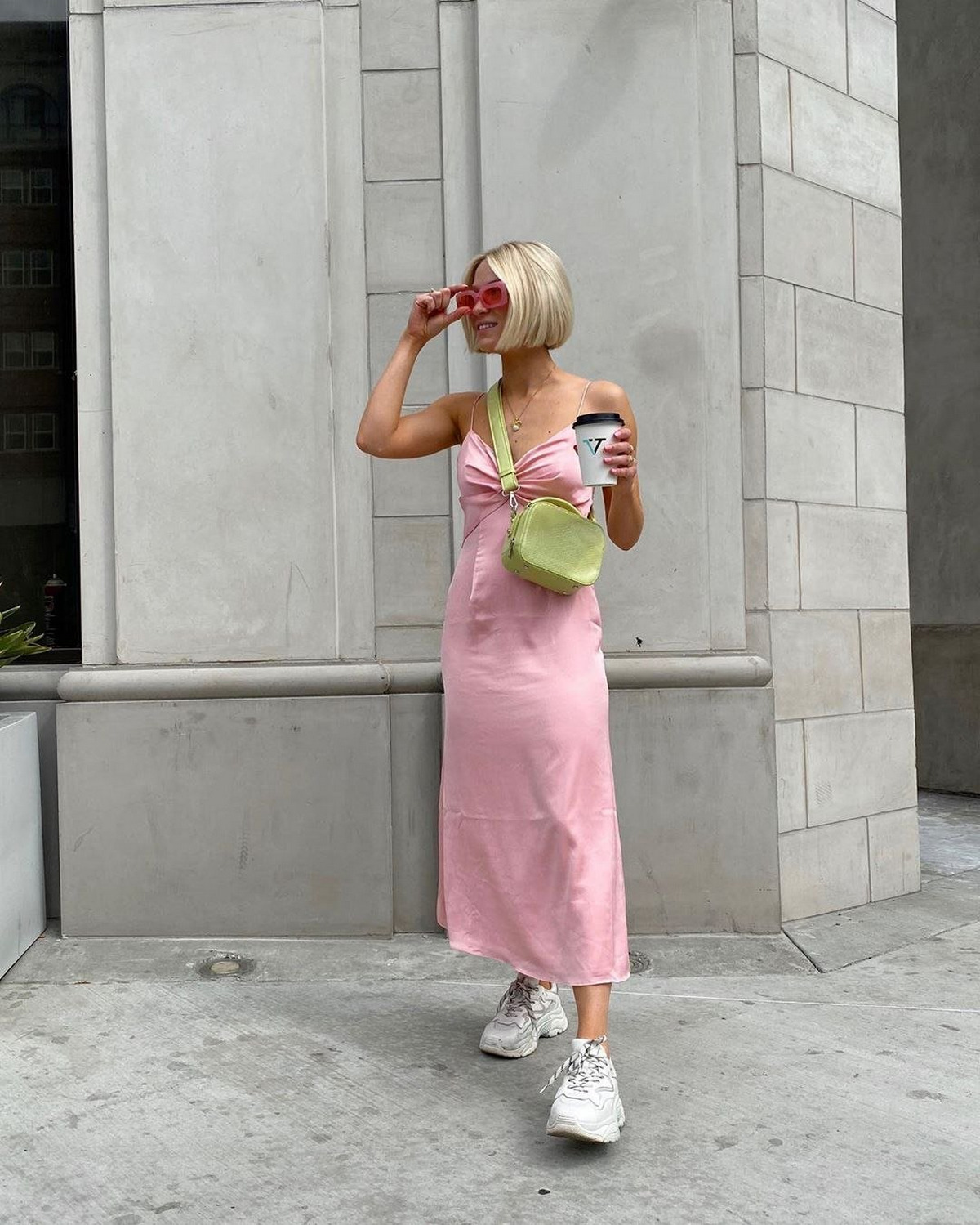 Pink Dress And White Chunky Sneakers