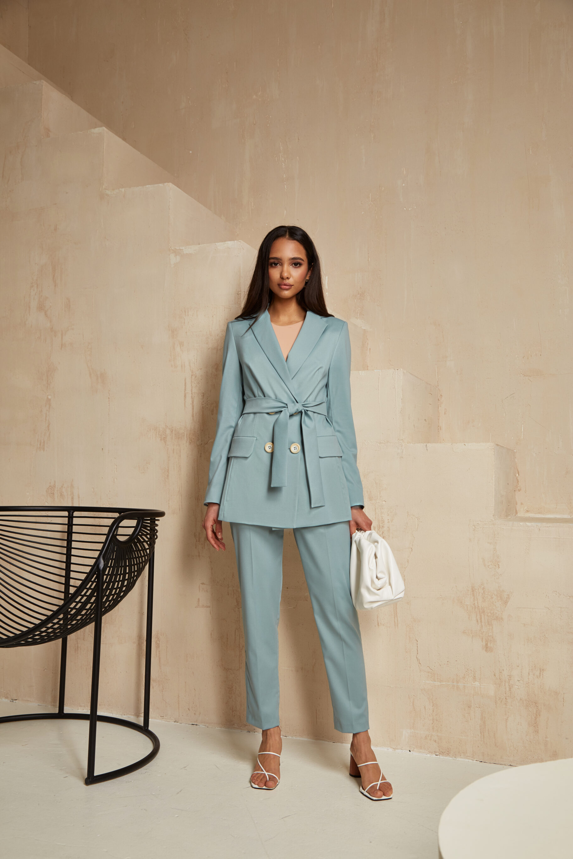 Mint Suit With White Handbag And High Heels